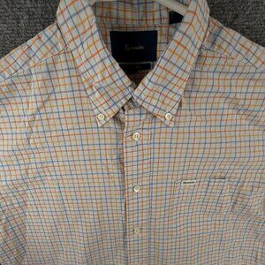 Faconnable Button Up Shirt Long Sleeve Cotton Orange Blue Check Large Classique